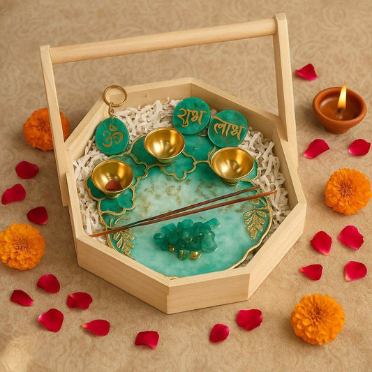 Pooja Thali Gift Set Online | Luxury Designer Pooja Thali with Brass Diyas & Shubh Laabh - Fankaarlok