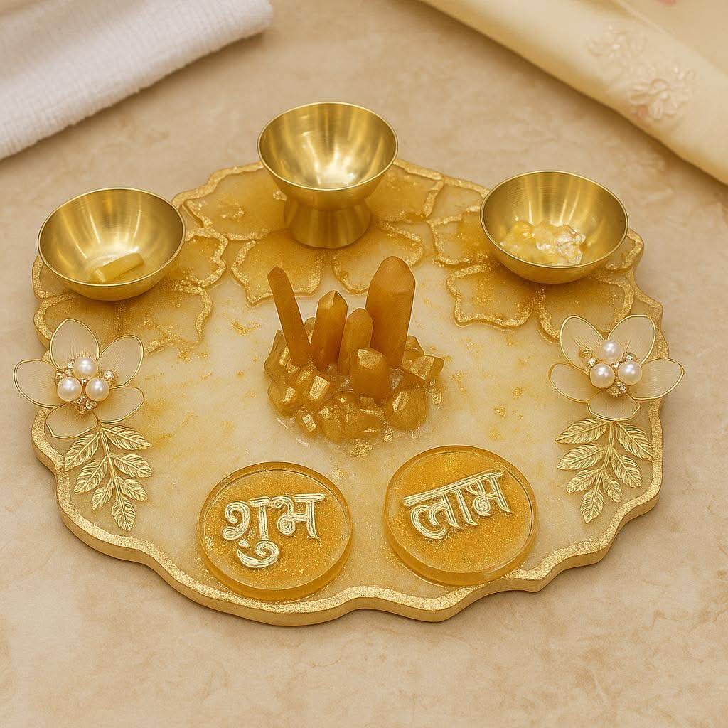 Diwali Pooja Gift Hamper India | Designer Pooja Thali Set with Diyas & Shubh Laabh - Fankaarlok