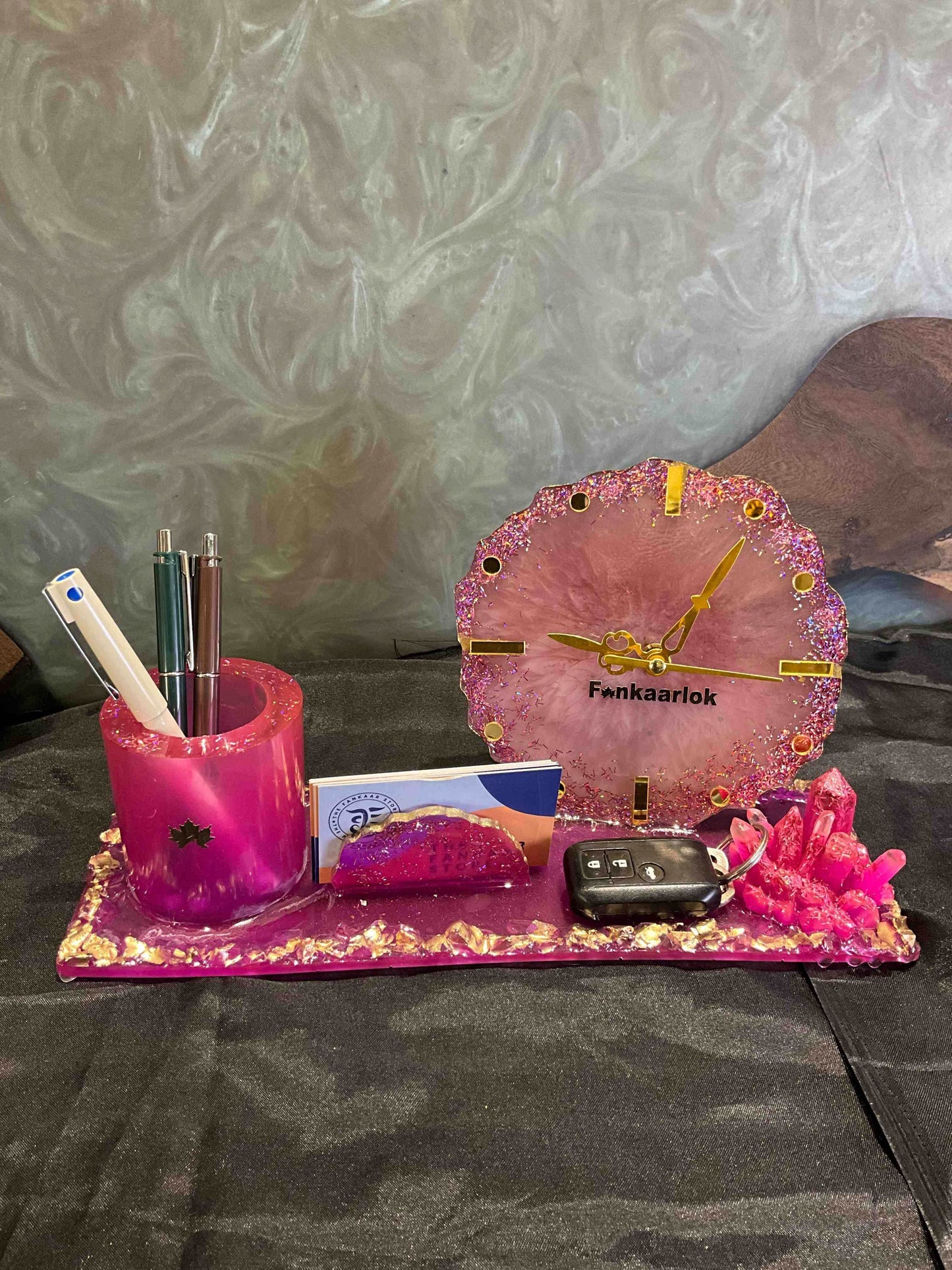 Rose Quartz Elegance Office Desk Organizer Set with Clock | Fankaarlok - Fankaarlok