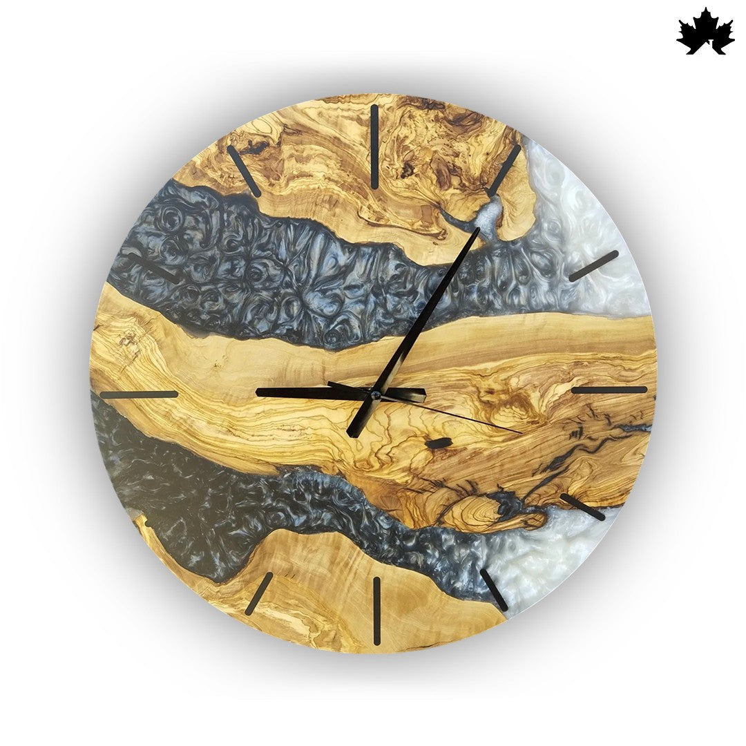 Black & Pearl Epoxy River Design | Handcrafted Wooden Clocks by Fankaarlok