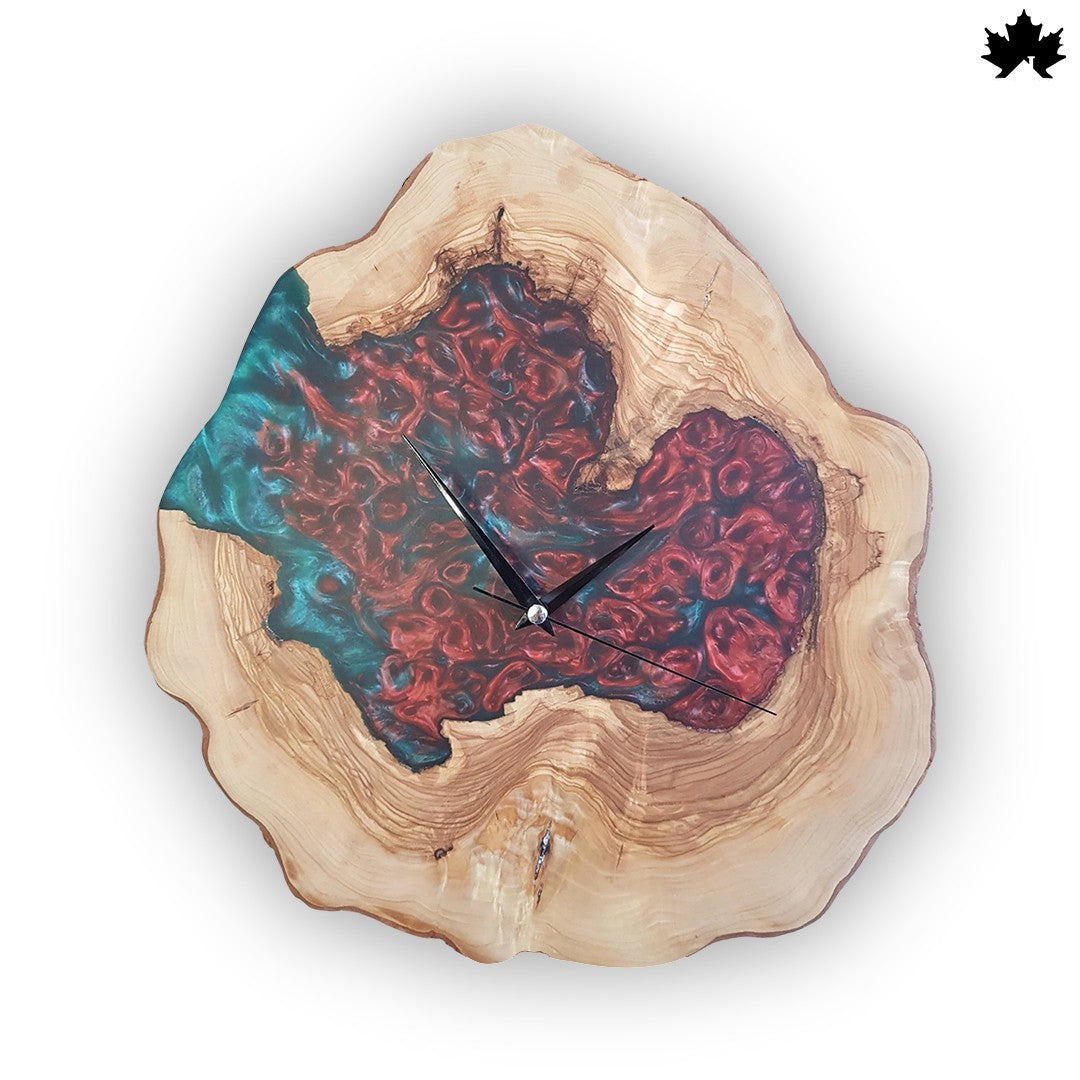 Red & Teal Epoxy Art on Natural Wood Slice | Contemporary Wooden Clock by Fankaarlok