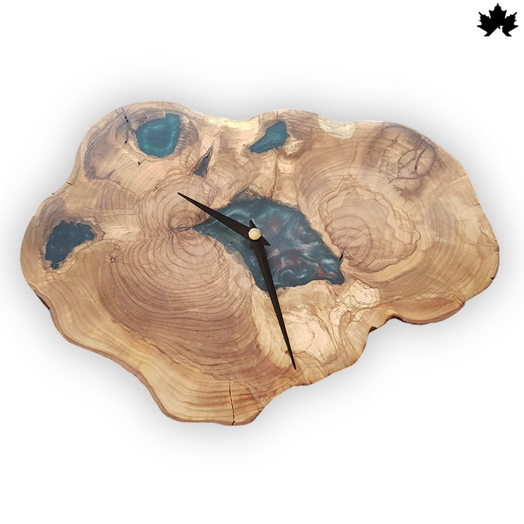 Natural Live-Edge Slice with Blue Epoxy Accents | Real Wood Wall Clock by Fankaarlok