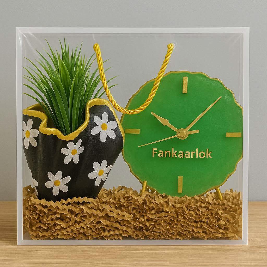 Corporate Desk Gift Hamper | Designer Planter with Luxury Desk Clock - Fankaarlok