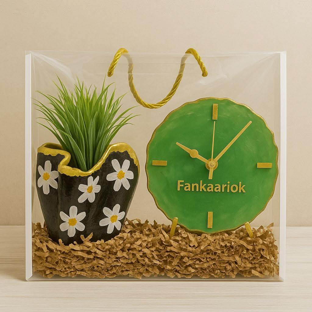 Corporate Desk Gift Hamper | Designer Planter with Luxury Desk Clock - Fankaarlok