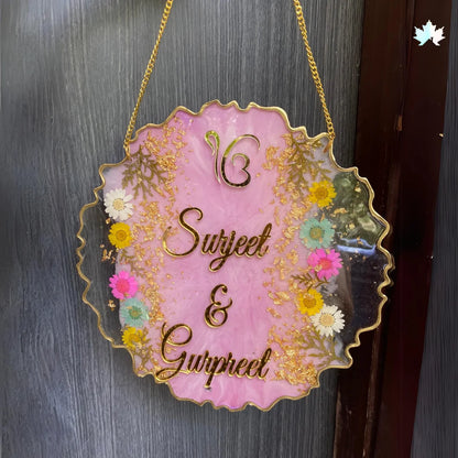 Floral Round Nameplate for Entrance | Custom Couple Door Sign