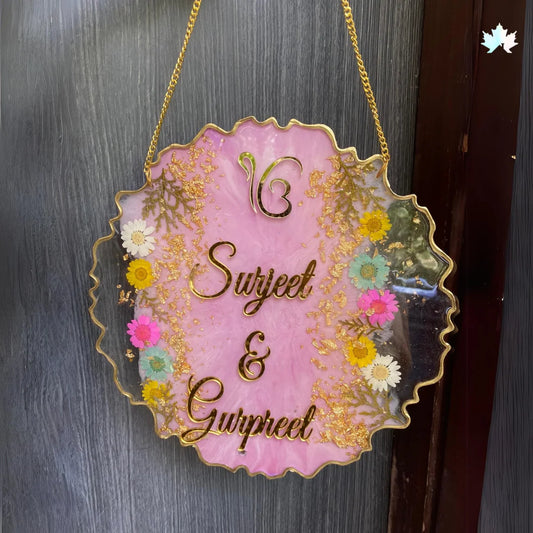 Floral Round Nameplate for Entrance | Custom Couple Door Sign