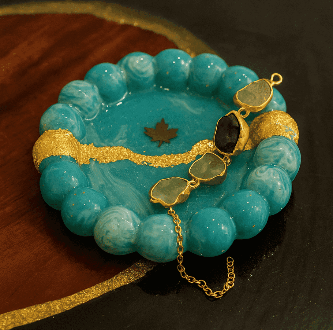 Aqua Glow Modern Jewelry Organizer Tray with Golden Detailing | Fankaarlok - Fankaarlok