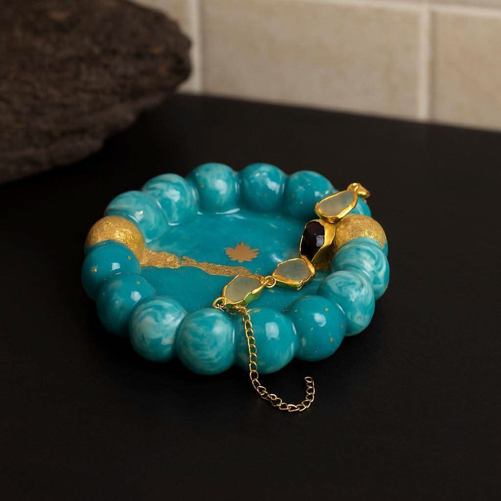 Aqua Glow Modern Jewelry Organizer Tray with Golden Detailing | Fankaarlok - Fankaarlok