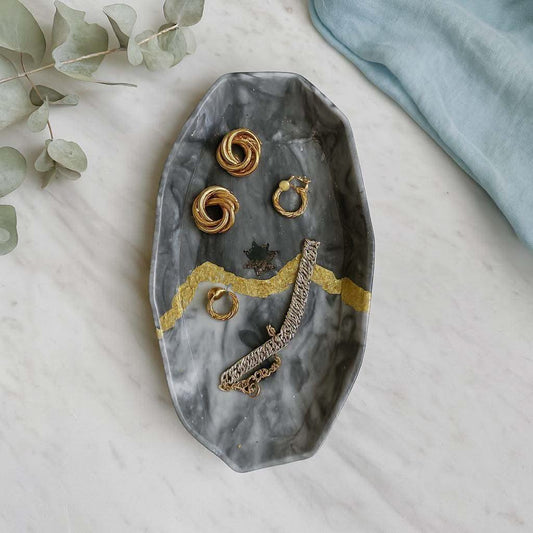 Marble Grey Luxury Trinket Tray Online with Golden Detailing | Fankaarlok - Fankaarlok