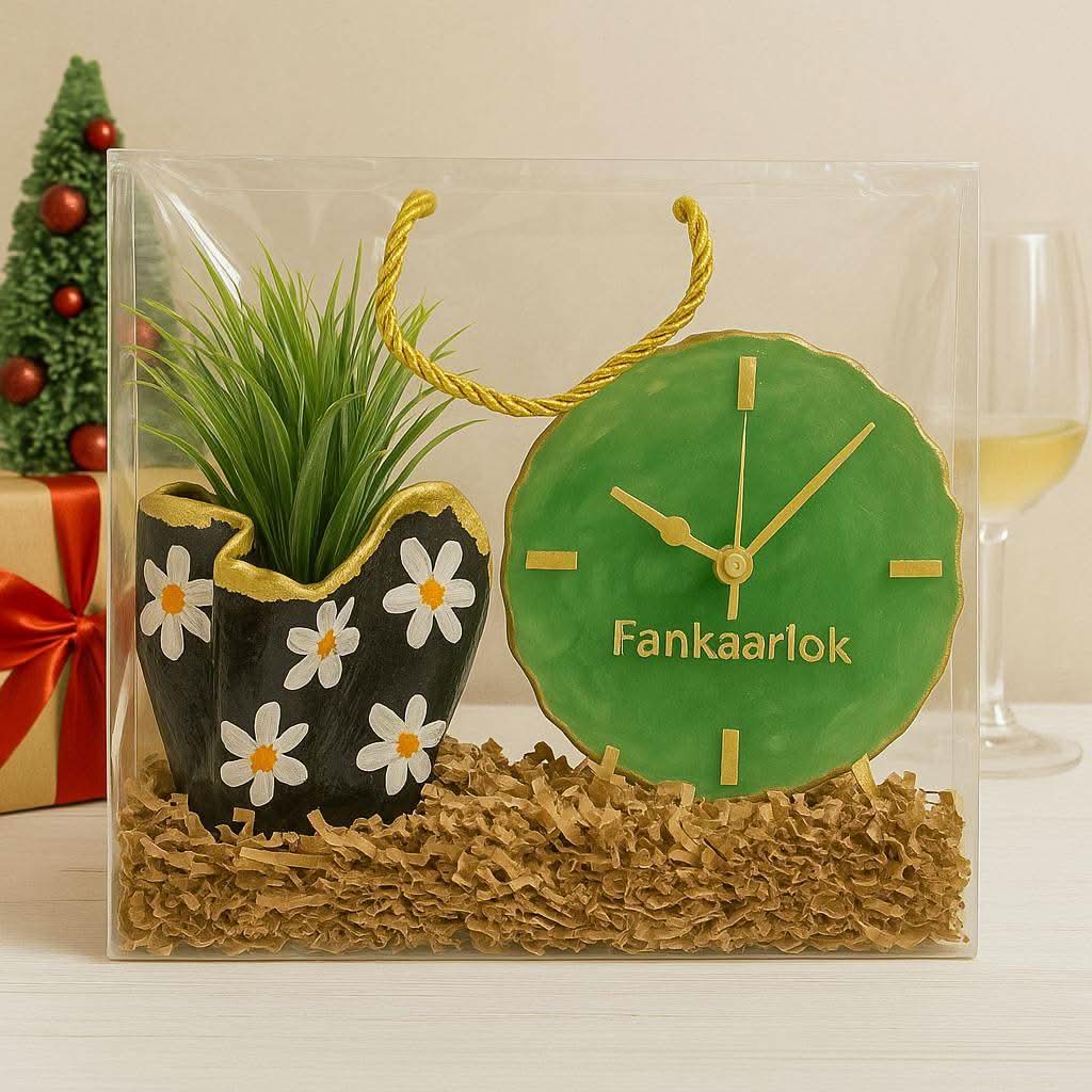Corporate Desk Gift Hamper | Designer Planter with Luxury Desk Clock - Fankaarlok