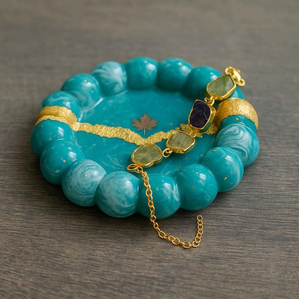 Aqua Glow Modern Jewelry Organizer Tray with Golden Detailing | Fankaarlok - Fankaarlok