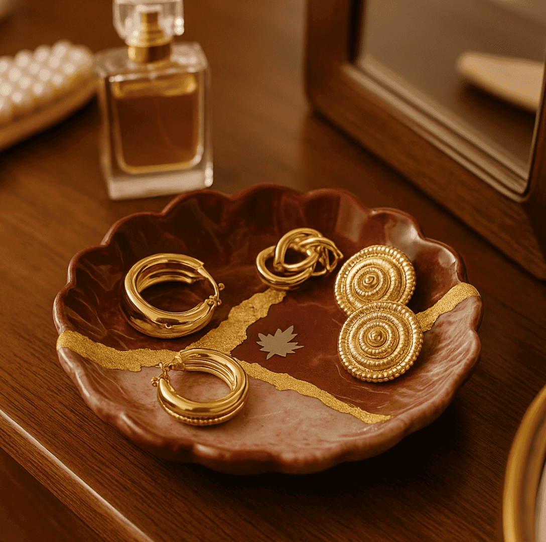 Regal Maroon Luxury Jewelry Organizer Tray with Golden Accents | Fankaarlok - Fankaarlok