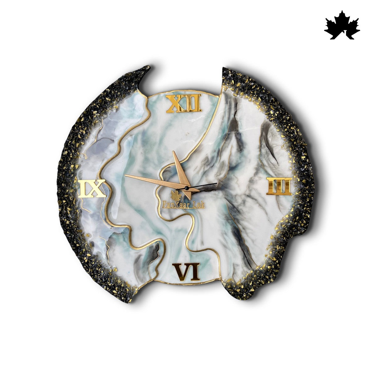 White Marble Resin Art with Gold Accents | Designer Asymmetric Wall Clock by Fankaarlok
