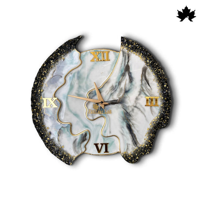 White Marble Resin Art with Gold Accents | Designer Asymmetric Wall Clock by Fankaarlok