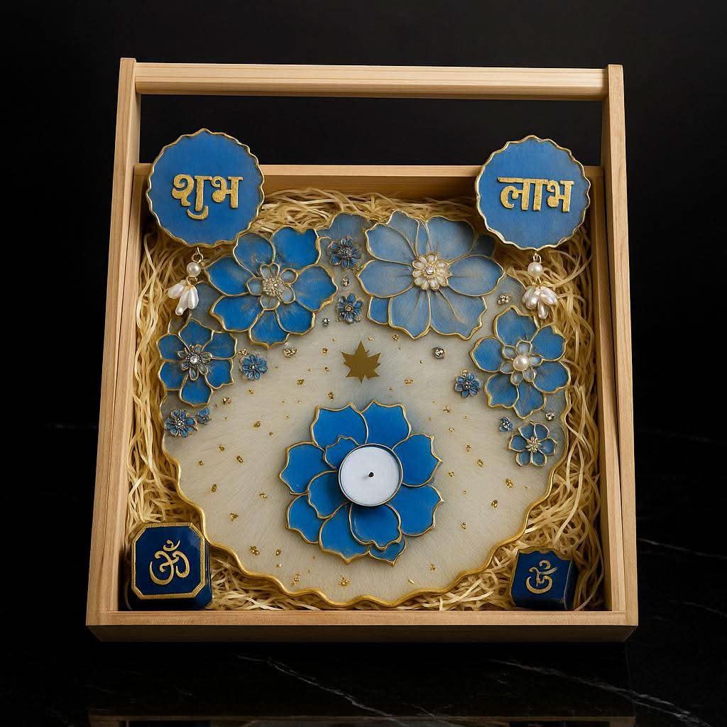 Diwali Pooja Thali Gift Set | Decorative Thali with Shubh Laabh, Diya Holder & Ganesha Idol - Fankaarlok