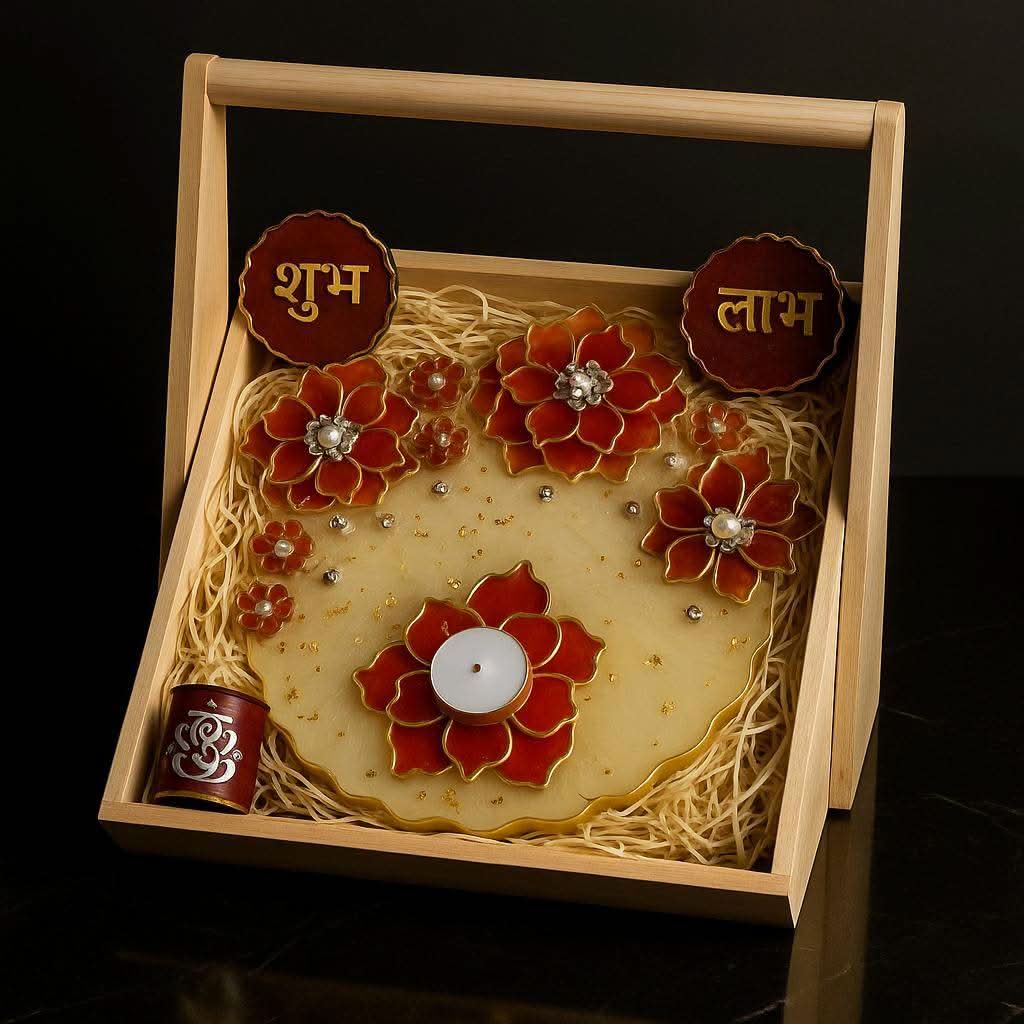 Grand Floral Harmony Combo Set: Pooja Thali, Shubh Laabh, Diya &amp; Ganesh Idol - Fankaarlok