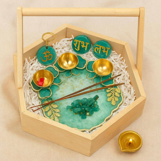 Pooja Thali Gift Set Online | Luxury Designer Pooja Thali with Brass Diyas & Shubh Laabh - Fankaarlok