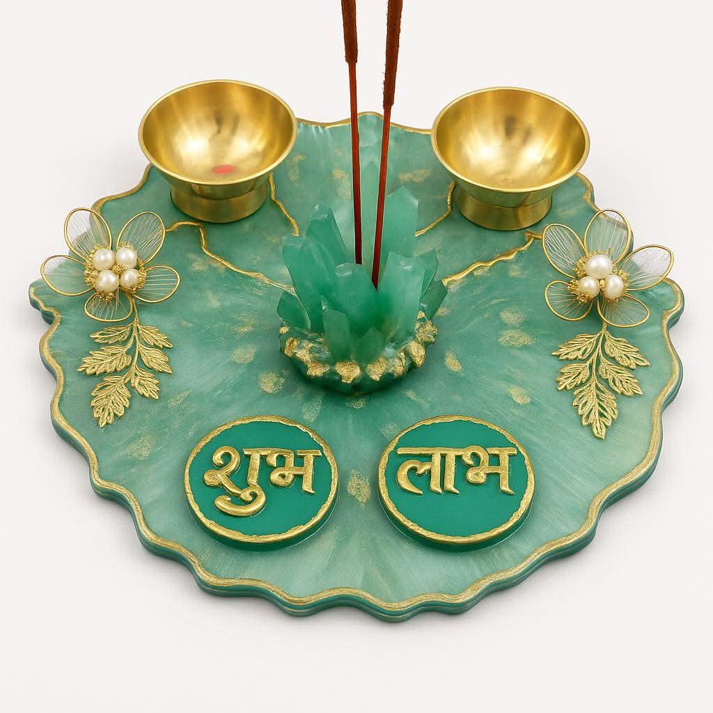 Pooja Thali Gift Set Online | Luxury Designer Pooja Thali with Brass Diyas & Shubh Laabh - Fankaarlok