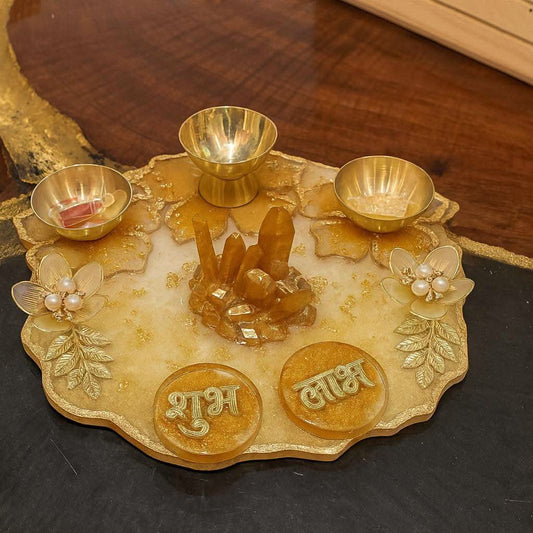 Diwali Pooja Gift Hamper India | Designer Pooja Thali Set with Diyas & Shubh Laabh - Fankaarlok