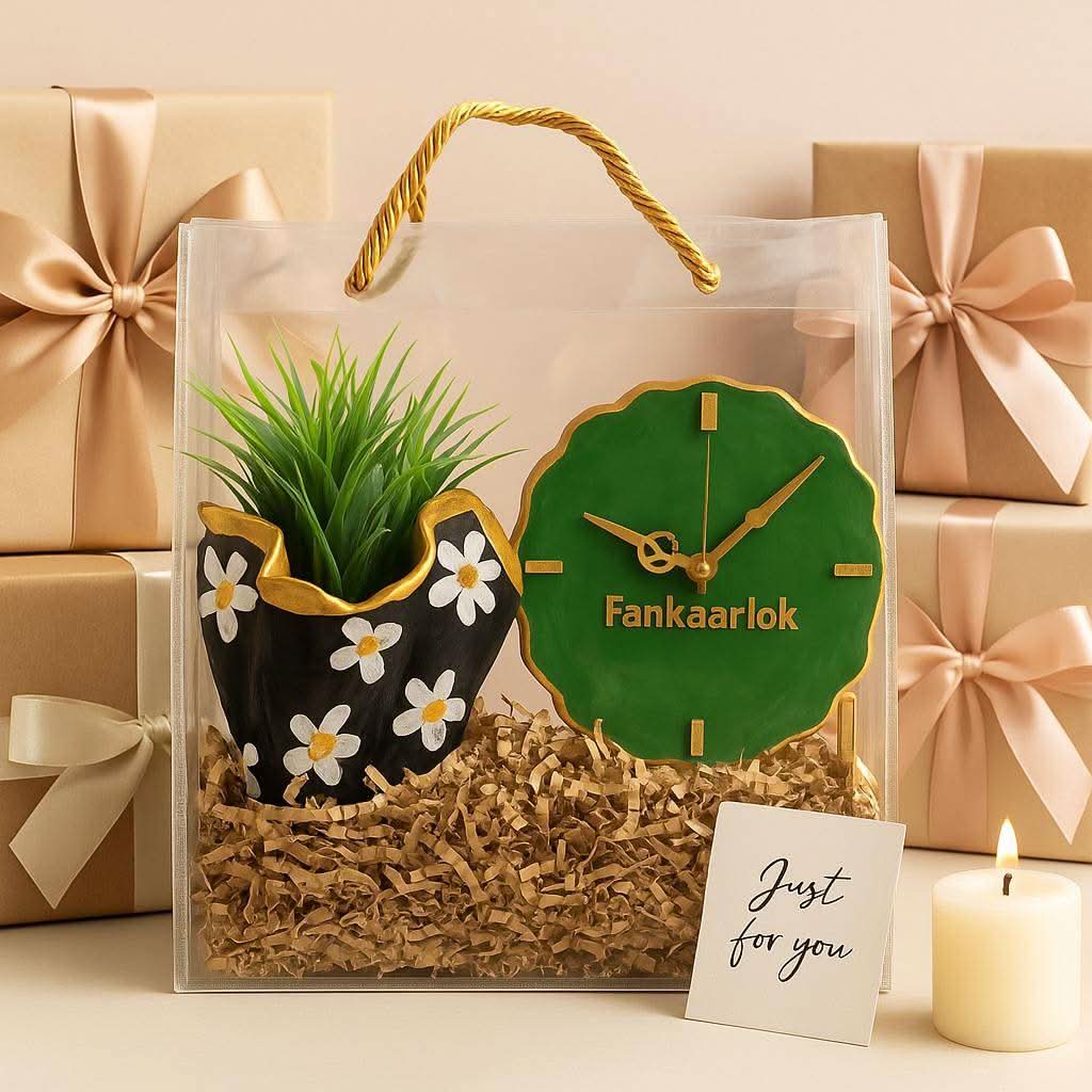 Corporate Desk Gift Hamper | Designer Planter with Luxury Desk Clock - Fankaarlok