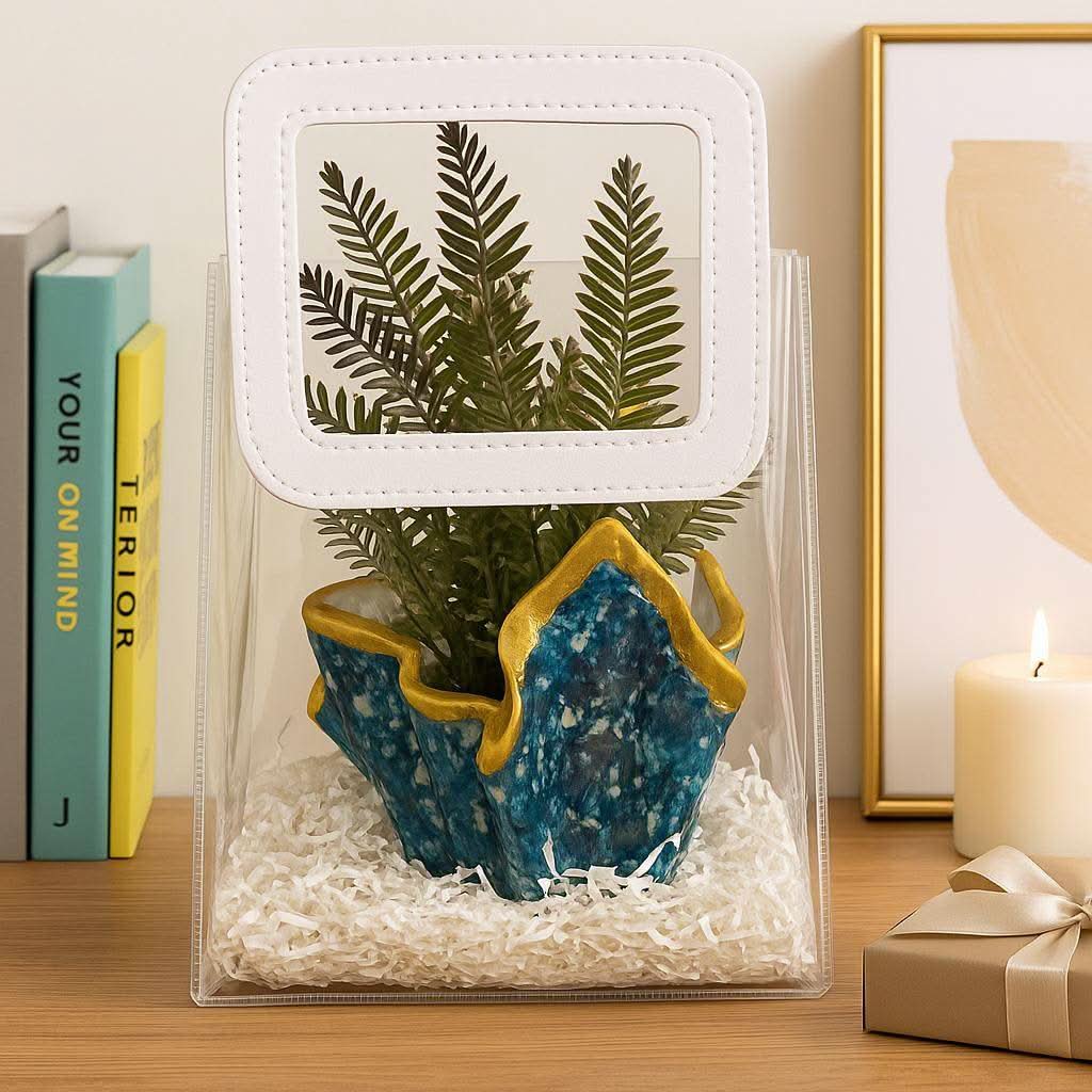 Desk Planter Gift Hamper | Handcrafted Blue Planter with Faux Green Plant - Fankaarlok