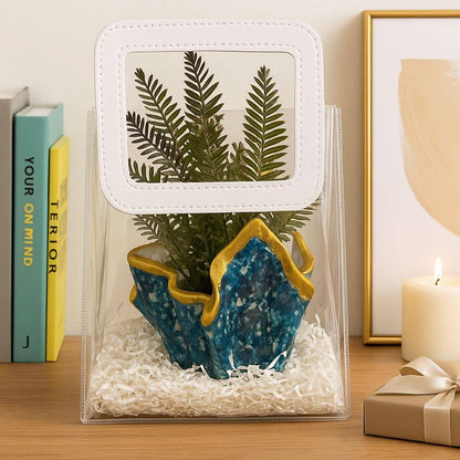 Desk Planter Gift Hamper | Handcrafted Blue Planter with Faux Green Plant - Fankaarlok