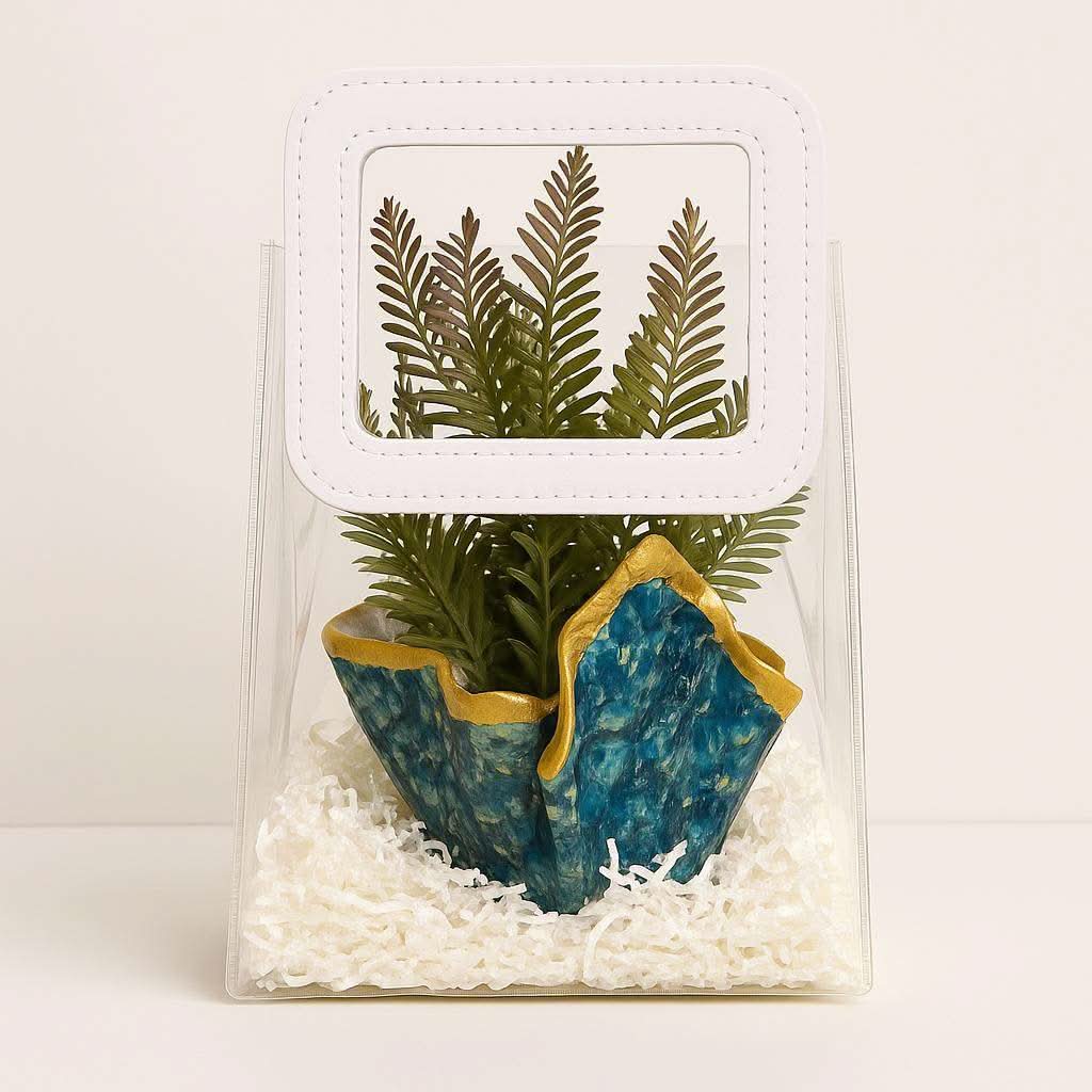 Desk Planter Gift Hamper | Handcrafted Blue Planter with Faux Green Plant - Fankaarlok