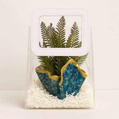 Desk Planter Gift Hamper | Handcrafted Blue Planter with Faux Green Plant - Fankaarlok