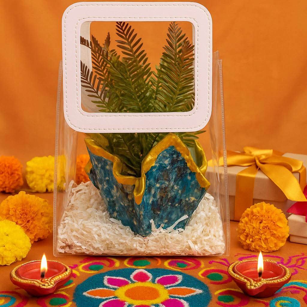 Desk Planter Gift Hamper | Handcrafted Blue Planter with Faux Green Plant - Fankaarlok