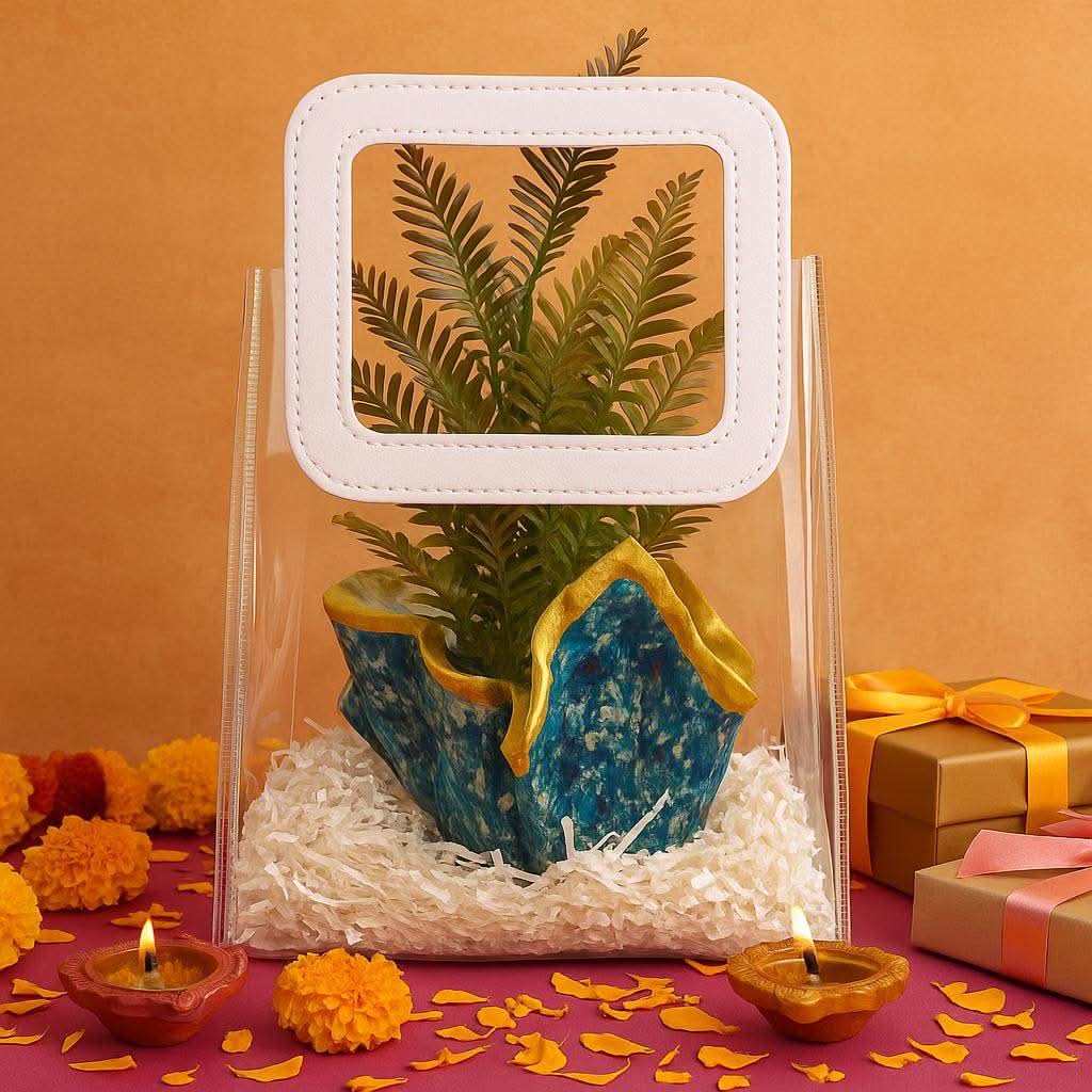 Desk Planter Gift Hamper | Handcrafted Blue Planter with Faux Green Plant - Fankaarlok