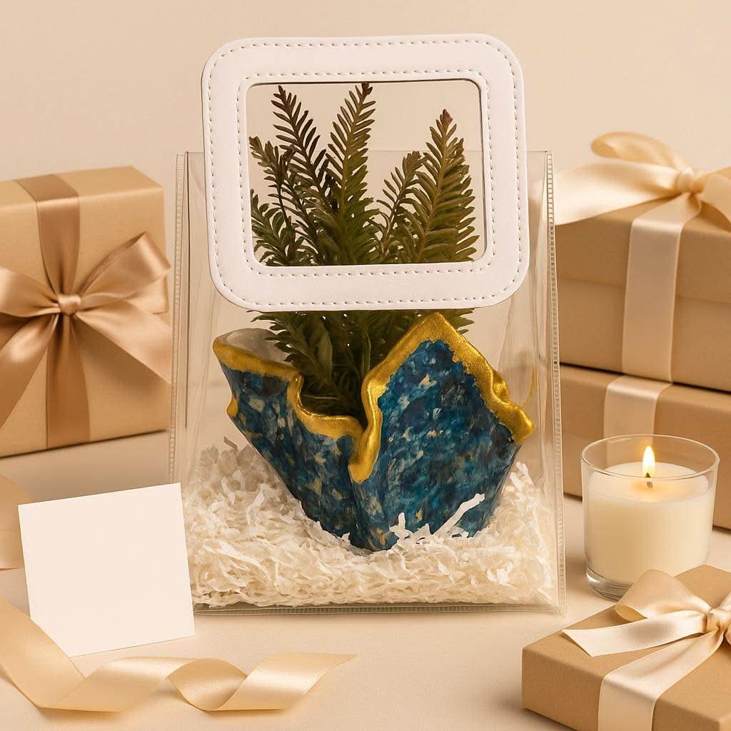 Desk Planter Gift Hamper | Handcrafted Blue Planter with Faux Green Plant - Fankaarlok