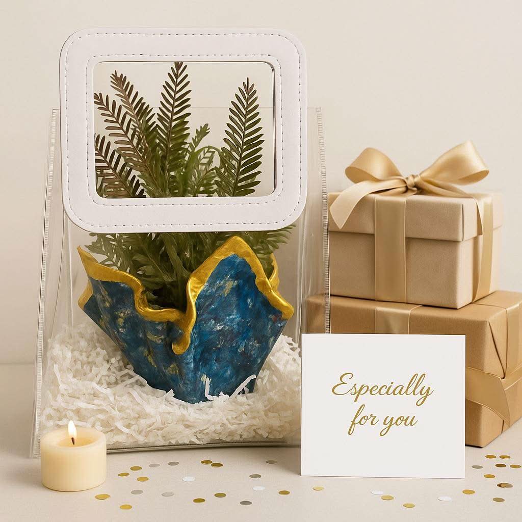 Desk Planter Gift Hamper | Handcrafted Blue Planter with Faux Green Plant - Fankaarlok
