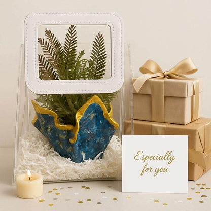 Desk Planter Gift Hamper | Handcrafted Blue Planter with Faux Green Plant - Fankaarlok