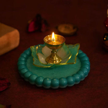 Diwali Decorative Diya Set with Brass Diya & Blue Floral Base | Fankaarlok - Fankaarlok