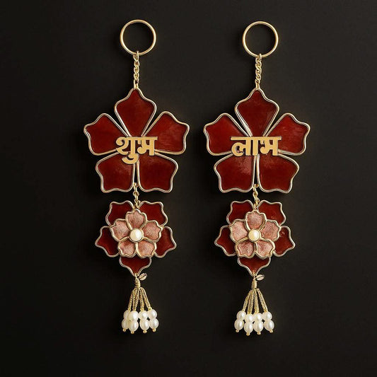 Handmade Shubh Labh for Pooja Room with Red Floral & Pearl Design | Fankaarlok - Fankaarlok