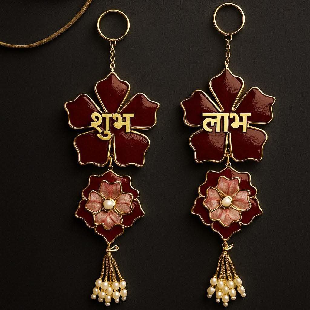 Handmade Shubh Labh for Pooja Room with Red Floral & Pearl Design | Fankaarlok - Fankaarlok