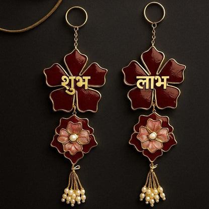 Handmade Shubh Labh for Pooja Room with Red Floral & Pearl Design | Fankaarlok - Fankaarlok