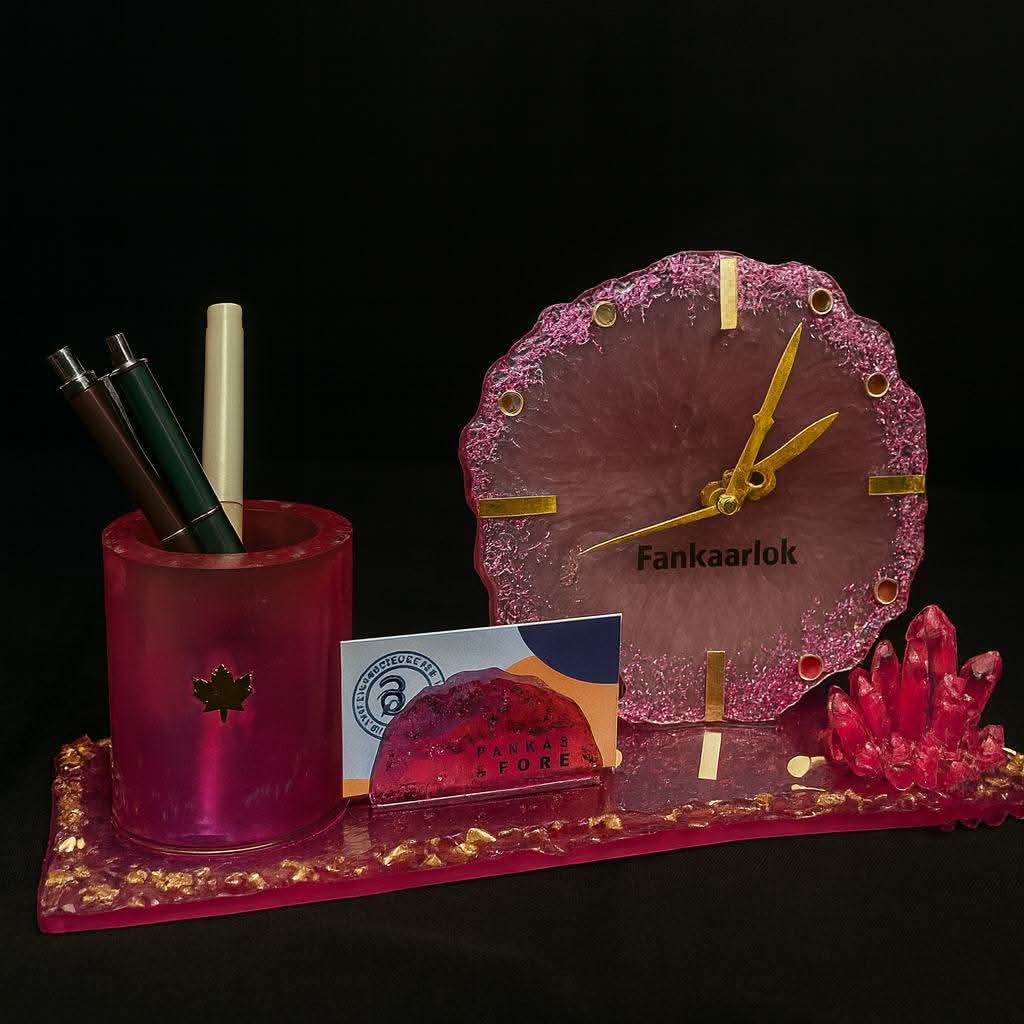 Rose Quartz Elegance Office Desk Organizer Set with Clock | Fankaarlok - Fankaarlok