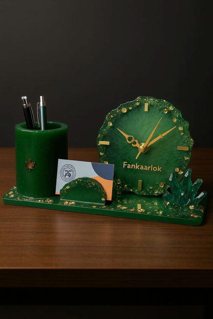 Emerald Luxe Table Clock Pen Holder | Fankaarlok - Fankaarlok
