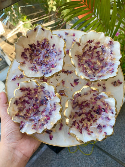 Wedding Dry Fruit Serving Set | Luxury Designer Platter with 4 Floral Bowls