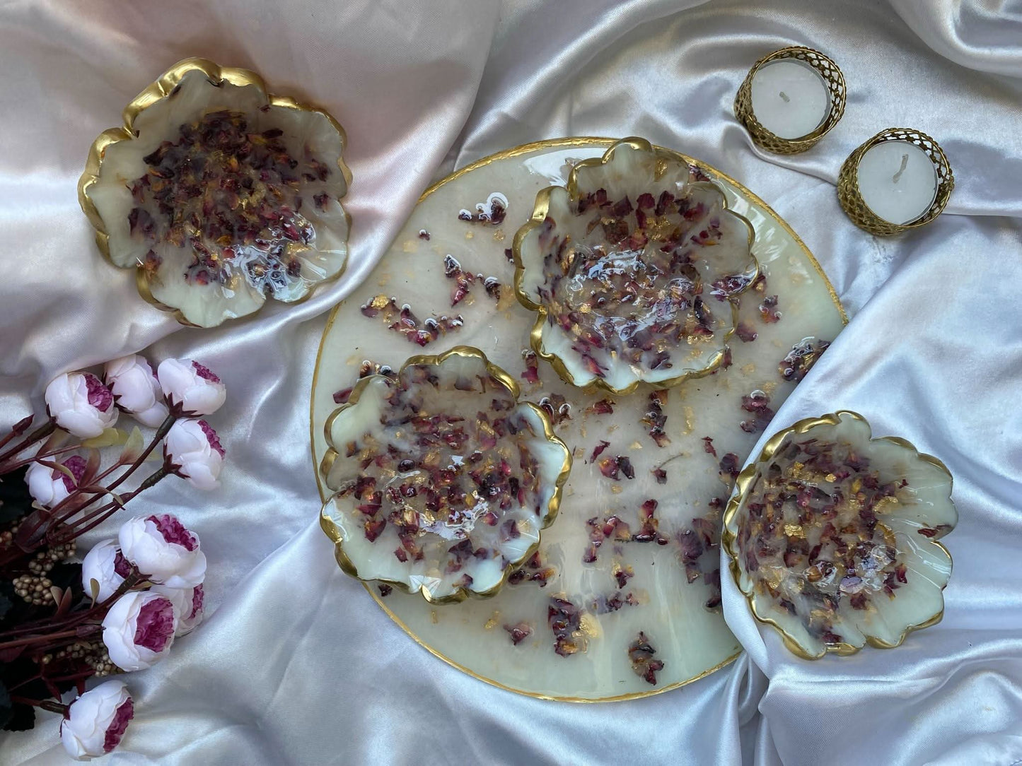 Wedding Dry Fruit Serving Set | Luxury Designer Platter with 4 Floral Bowls