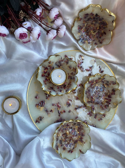 Wedding Dry Fruit Serving Set | Luxury Designer Platter with 4 Floral Bowls