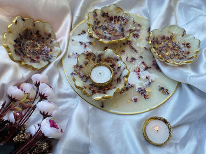 Wedding Dry Fruit Serving Set | Luxury Designer Platter with 4 Floral Bowls