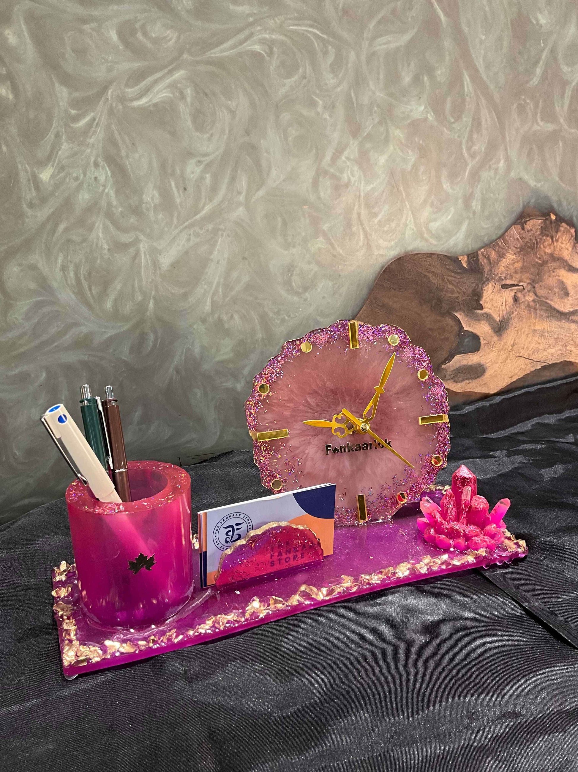 Rose Quartz Elegance Office Desk Organizer Set with Clock | Fankaarlok - Fankaarlok