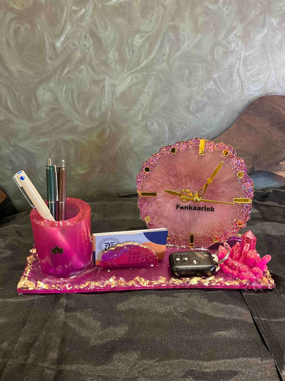 Rose Quartz Elegance Office Desk Organizer Set with Clock | Fankaarlok - Fankaarlok