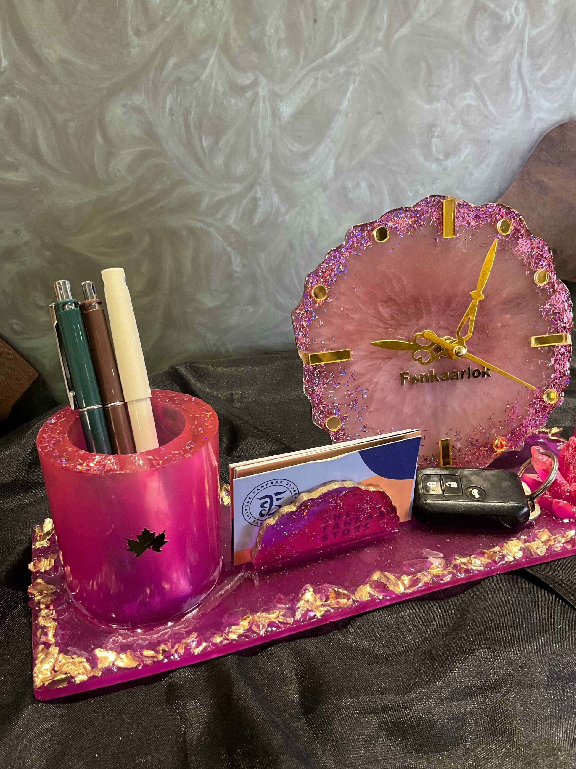 Rose Quartz Elegance Office Desk Organizer Set with Clock | Fankaarlok - Fankaarlok