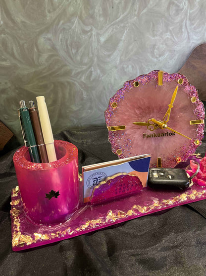 Rose Quartz Elegance Office Desk Organizer Set with Clock | Fankaarlok - Fankaarlok