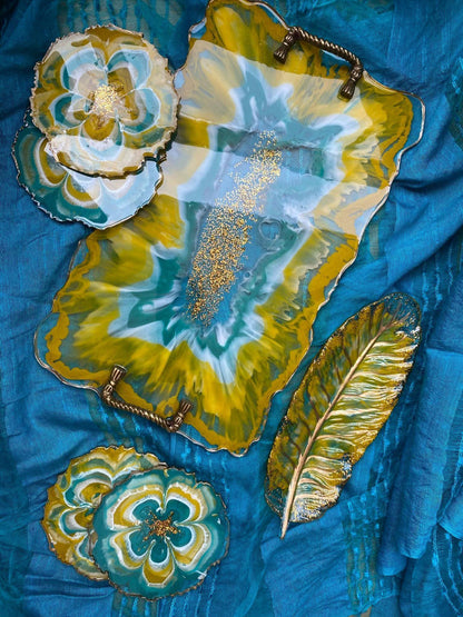 Unique Tray Set with Coasters | Handcrafted Luxury Serving Combo