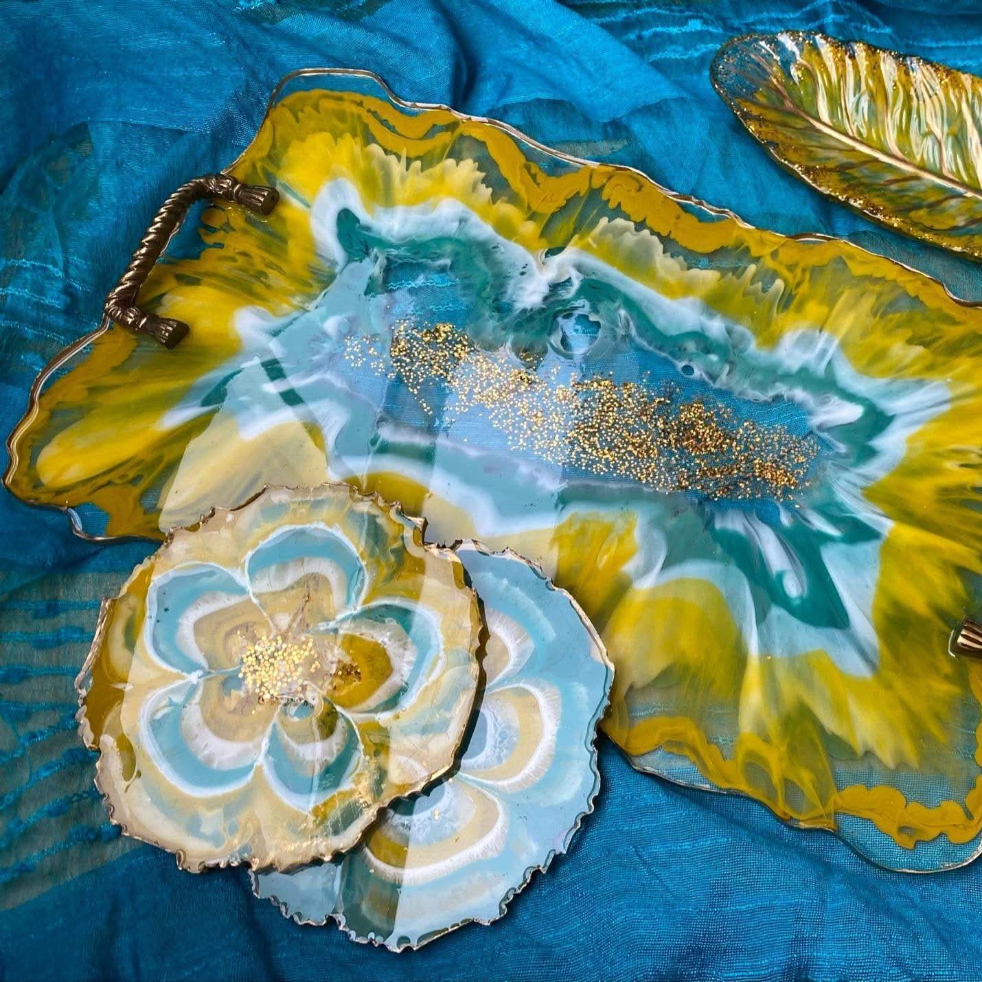 Unique Tray Set with Coasters | Handcrafted Luxury Serving Combo