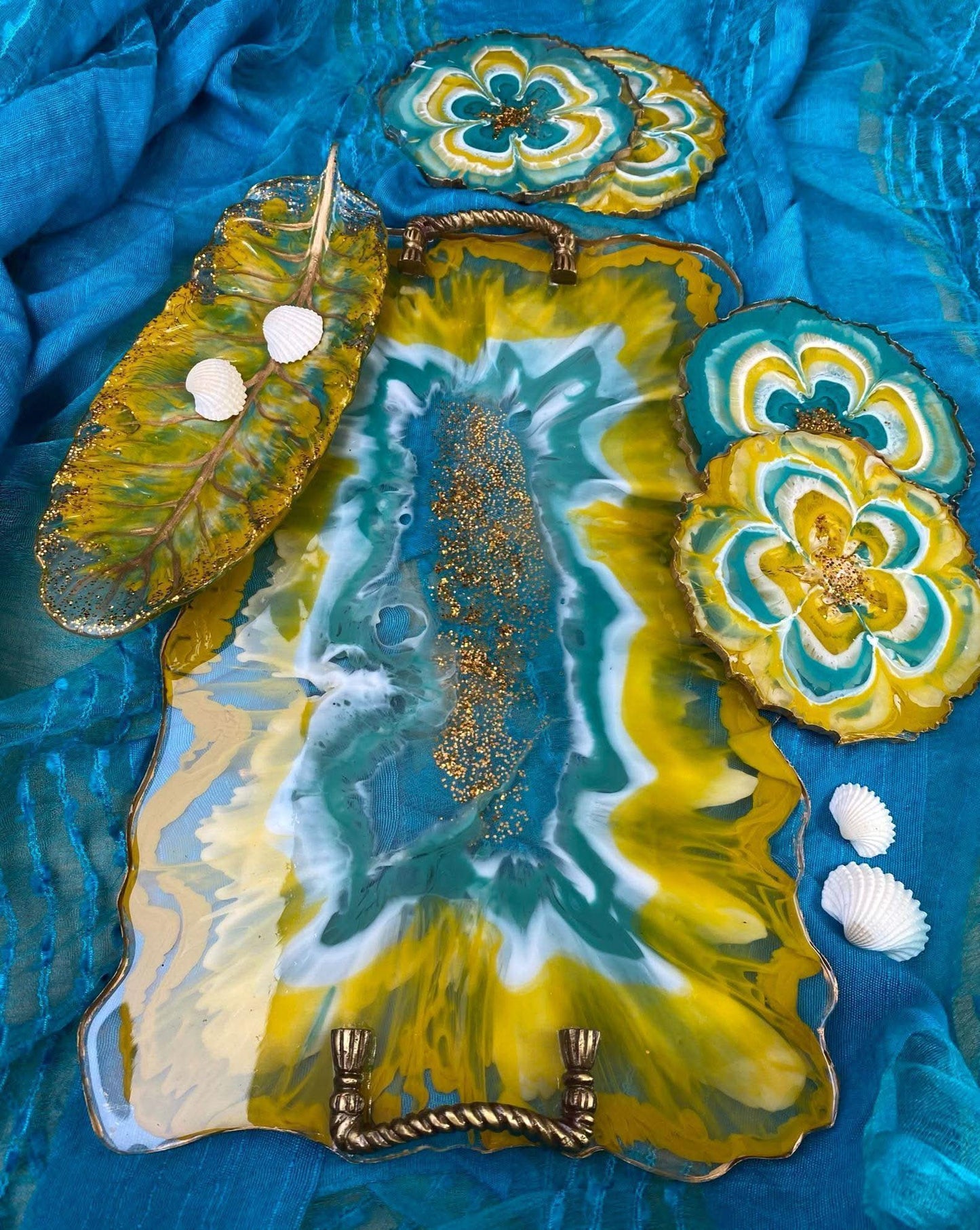 Unique Tray Set with Coasters | Handcrafted Luxury Serving Combo